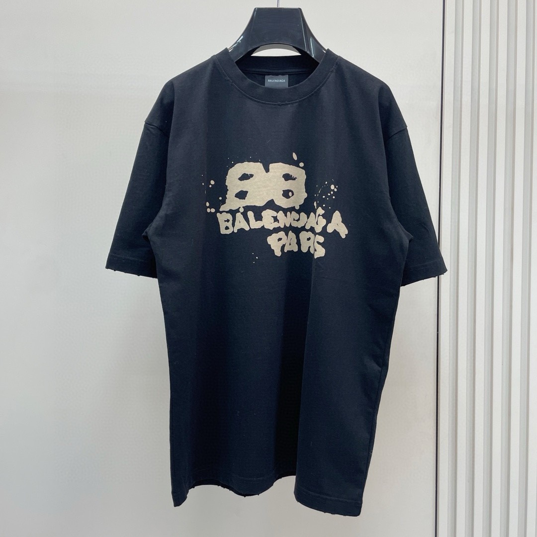 Balenciaga Men's Hand Drawn BB Icon Medium Fit Vintage T-Shirt Black/Beige vista 2