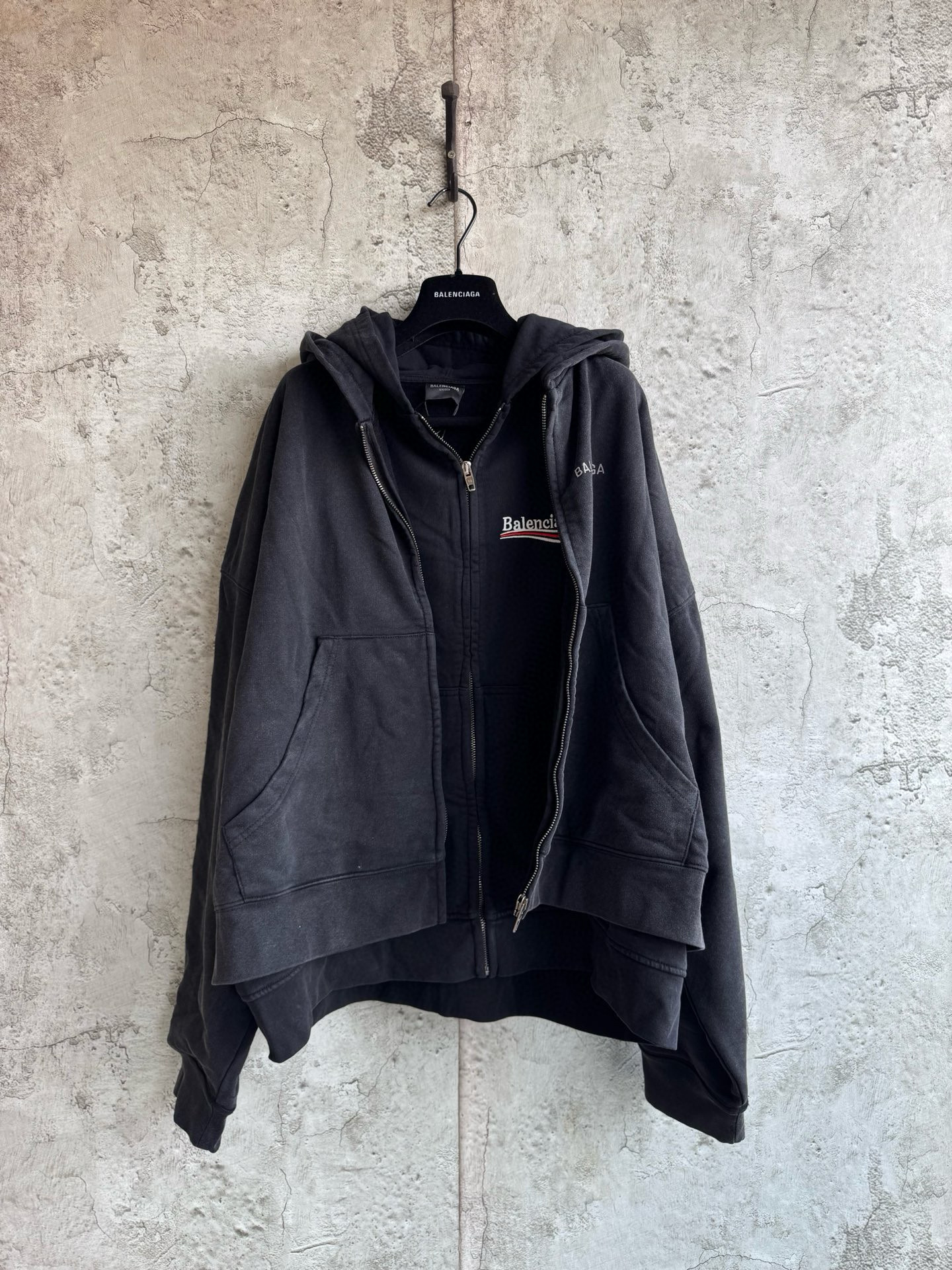 Balenciaga Layered Zipper Hoodie Faded Washed Black vista 2