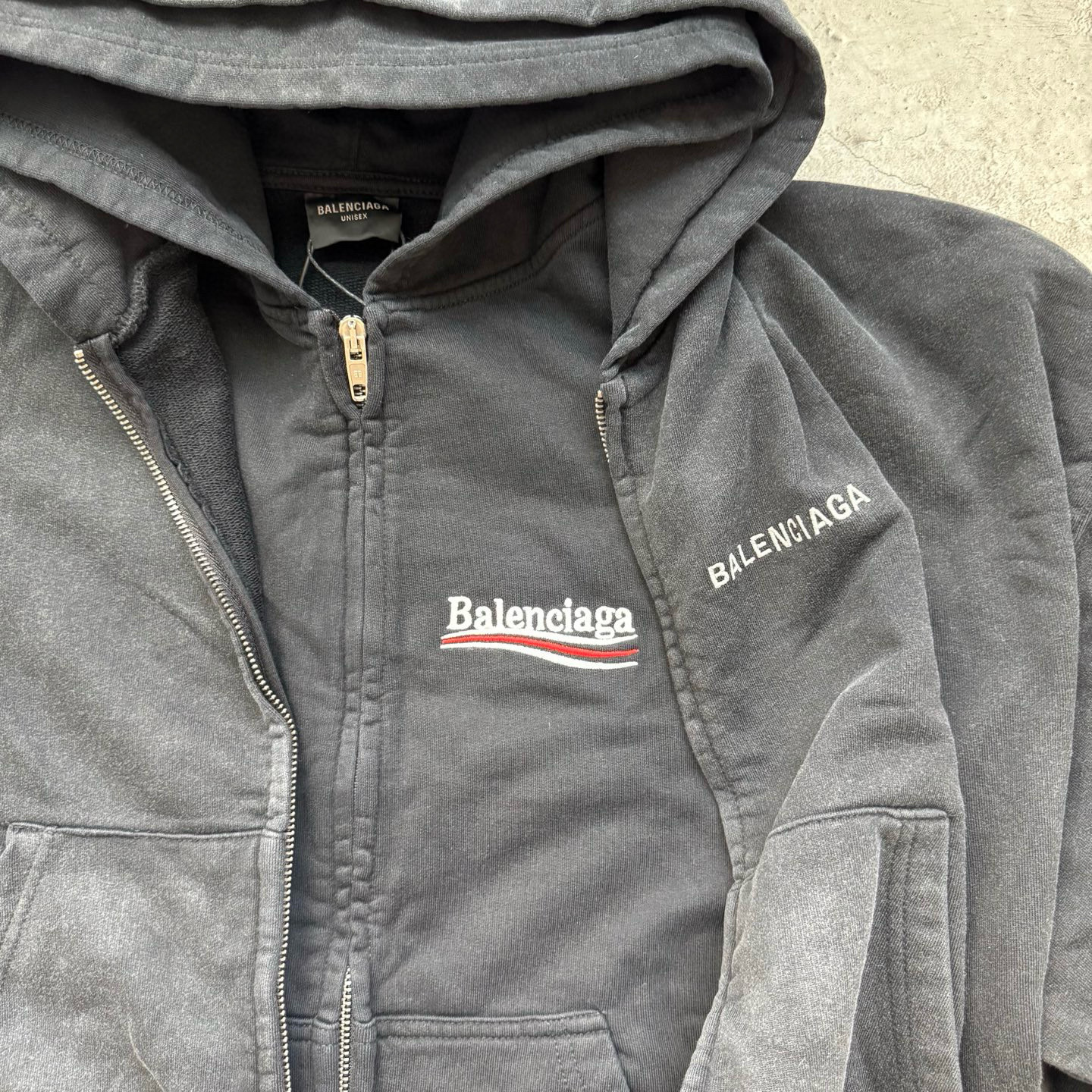 Balenciaga Layered Zipper Hoodie Faded Washed Black vista 4